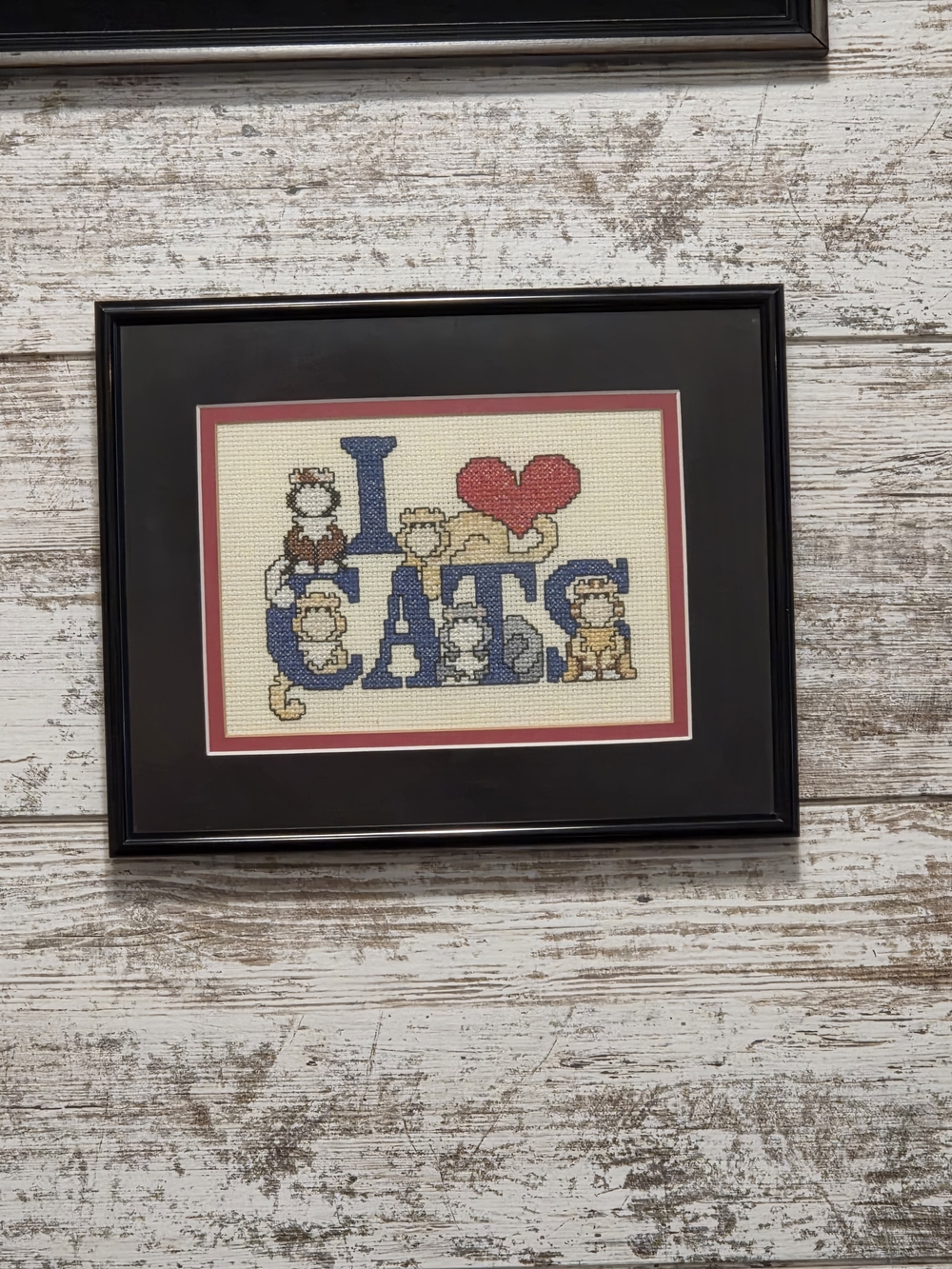I Love Cats Framed Cross-Stitch Wall Art - Blue and Red
